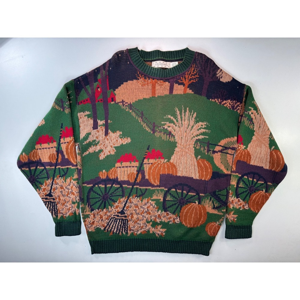 Crossings Mens Sweater Crew‎ Neck Long Sleeve Autumn Farm Scene Green Size XL